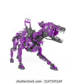 Cyber Dog Is In Defend Pose In White Background With Side View, 3d Illustration