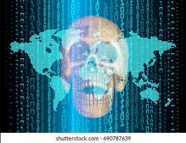 cyber hacker attack background, skull, world map - Shutterstock ID 690787639