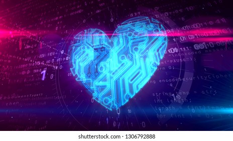 Cyber Heart Symbol In Cyberspace. Abstract 3D Illustration Of Love Symbol On Digital Background.