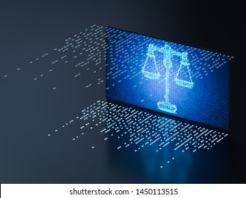 Cyber law concept with 3d rendering digital screen display scale law