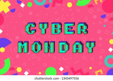 Cyber monday 8-bit pixel art style promotion banner. 3D text effect. Colorful geometric patern. Sale and offer concept - Powered by Shutterstock