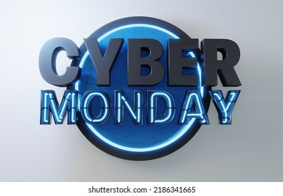 Cyber Monday logo. 3D rendering with white background. Blue and neon lettering.