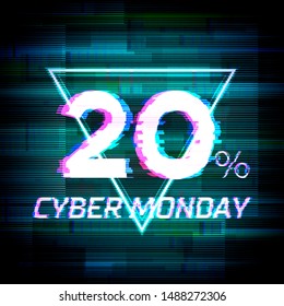 Cyber monday sale discount poster or banner with triangle sign and glitch text up to 20% off - Powered by Shutterstock