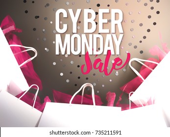 Cyber Monday sale, shopping promotion. Illustration design made of 3d shopping bags with paper cut wording Cyber Monday. Unique selling promotion ads campaign for your ads, poster, banner, sale - Powered by Shutterstock