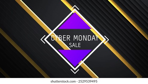 Cyber monday text in white with purple triangles over diagonal gold stripes on black background. Business, online shopping, sale, digital interface and communication digitally generated image. - Powered by Shutterstock