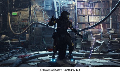 Cyber Monk practices cyber magic in his high-tech and futuristic laboratory. image for futuristic, fiction, cyber and sci-fi backgrounds. A view of a cyborg in laboratory. 3D rendering
