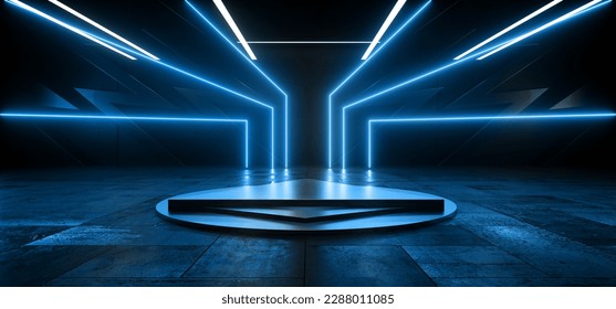 Cyber Neon Alien Sci Fi Triangle Circle Stage Product Showcase Laser Electric Vibrant Futuristic Blue Beams Dark Concrete Grunge Basement 3D Rendering illustration