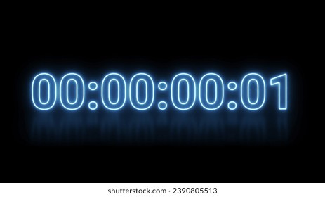 Cyber neon countdown timer, futuristic blue laser led light energy clock display, 3d rendering digital stopwatch sign animation background