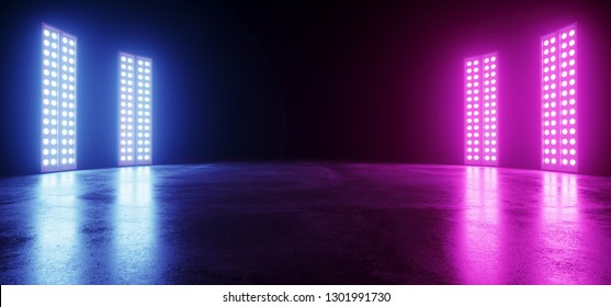 Cyber Neon Glowing Sci Fi Modern Futuristic Retro Big Empty Vibrant Purple Blue Pink Glowing Stage Showroom Club Dance On Dark Background Grunge Concrete 3D Rendering Illustration