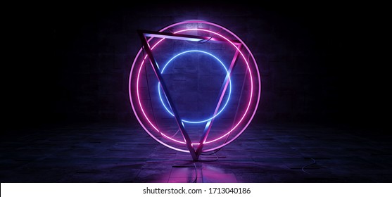 Cyber Neon Sci Fi Futuristic Pyramid Circle Shape Cables Angular Arrows Glowing Purple Blue Concrete Reflective Grunge Floor Dark Night Cyberpunk Synth Virtual Reality Lasers 3D Rendering Illustration