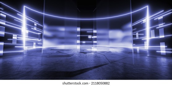 Cyber Neon Sci Fi Futuristic Room Glowing Curved Frame Screen Glass Frosted Panels Blue Vibrant Fluorescent Laser Lights Glowing Dark Corridor Hallway Glossy Concrete Grunge Stage Podium 3D Rendering 