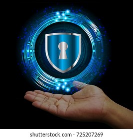 Cyber network concept, holding global network security. Safety, Closed Padlock on digital, hand - Shutterstock ID 725207269