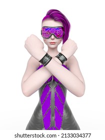 Cyber Punk Girl On Futuristic Suit Is Doing A Power And Love Pose, 3d Illustration