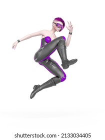 Cyber Punk Girl On Futuristic Suit Is Jumping In A Comic Action Pose, 3d Illustration