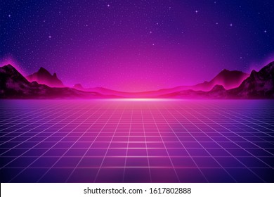 Cyber Punk Style Grid Floor And Mountain Background In Purple Tone