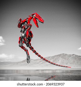 Cyber Raptor Is Doing An Air Support Pose On The Desert After Rain Close Up View, 3d Illustration