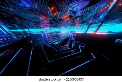 Cyber Sci Fi Computer Schematic Metal Reflective Neon Glowing Blue Abstract Texture Electric Tunnel Corridor Futuristic Spaceship Warehouse Realistic Background 3D Rendering Illustration