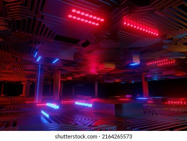 Cyber Sci Fi Computer Schematic Metal Reflective Neon Glowing Blue Abstract Texture Electric Tunnel Corridor Futuristic Spaceship Warehouse Realistic Background 3D Rendering Illustration