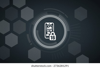 Cyber security and age verification concept for social media with age 16 restriction icon on tech background