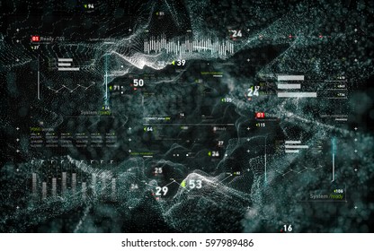Cyber security background with hud interface, particles and depth of field. Hacking and spy. Digital technology 3D illustration.