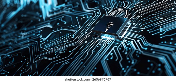 Cyber security concept with combination lock and digital circuit board background vector illustration, detailed, high resolution, professional photograph. 