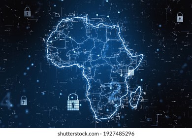 Cyber Security Concept With Digital Africa Map With Locks And Glowing Lines On Abstract Dark Background. 3D Rendering