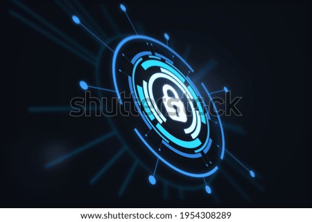 Cyber security concept with digital lock in glowing blue circles with rays on abstract dark background, 3D rendering