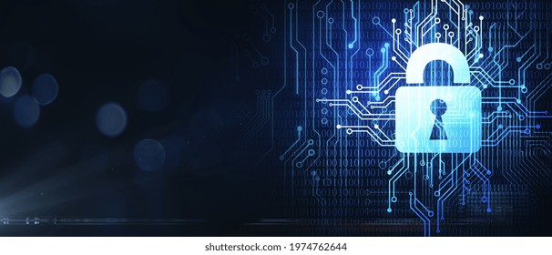 Cyber security concept with glowing digital lock sign and circuit on dark abstract background. 3D rendering, mock up
