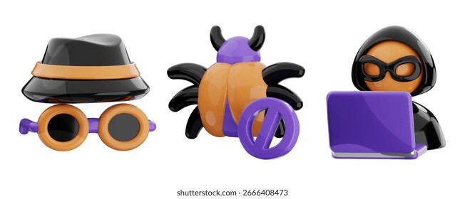 Cyber security concept with hacker, spyware bug and prohibition symbol representing bug fixing