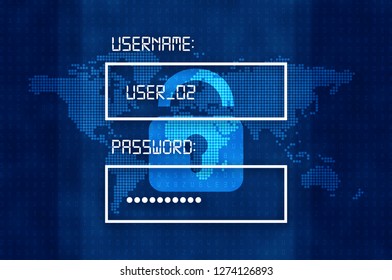 Cyber security concept: input username and password in login boxes, with close padlock over blue alphanumeric code and World map background.