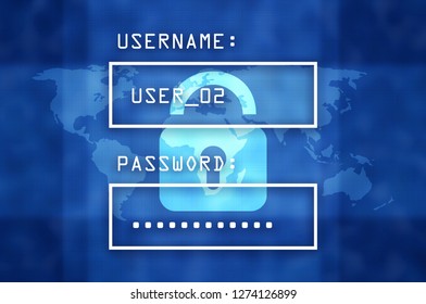 Cyber security concept: input username and password in login boxes, with close padlock over blue alphanumeric code and World map background.