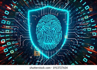 Cyber Security Concept With Interactive Fingerprint On Digital Screen With Electrical Diagram At Dark Background. 3D Rendering.