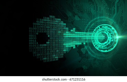 Cyber security concept. Key made from binary code fits into a lock