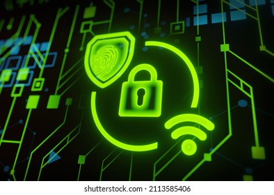 Cyber Security Concept. Lock Symbol From Lines With Wifi And Thumb Print Symbols Circuit Board Futuristic Digital Background 3D Rendering