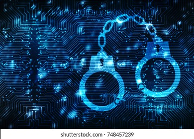 Cyber Security Concept: Pixelated Handcuffs Icon On Digital Background, Cyber Crime Concept,  3d Render