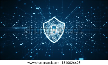 Cyber security concept. Shield With Keyhole icon on digital data background. Illustrates cyber data security or information privacy idea. Blue abstract hi speed internet technology.