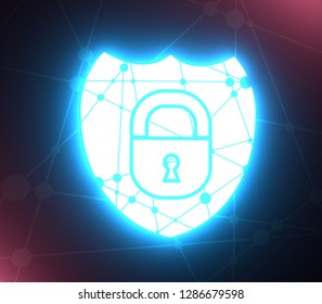 Cyber security concept. Shield with lock symbol. Design for infographics or presentation. 3D rendering
