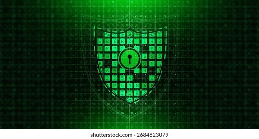 Cyber security concept showing encryption shield and digital lock on green matrix background. Internet safety, data protection, privacy technology, firewall security, online networks.