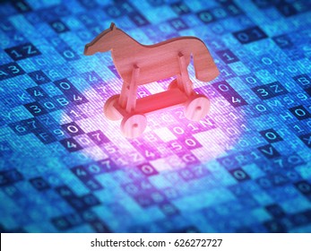 Cyber Security Concept. Toy Horse On A Digital Screen, Symbolizes The Attack Of The Trojan Virus. 3D Illustration.