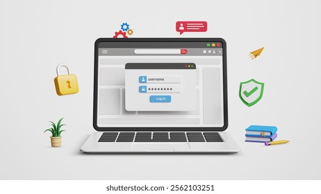 Cyber security concept. Web page login, secure access to user's personal information, data protection and secured internet access. Login page with username and password on a 3D laptop