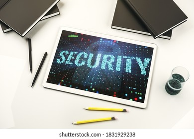 Cyber security creative concept on modern digital tablet monitor. Top view. 3D Rendering