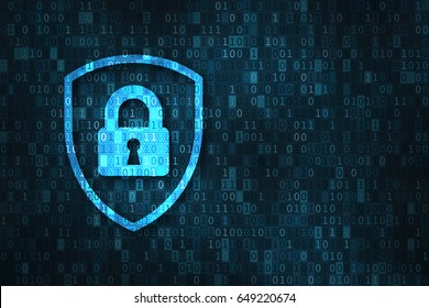 Cyber Security And Data Privacy Protection Concept With Icon Of A Shield And Lock Over Binary Digits Background