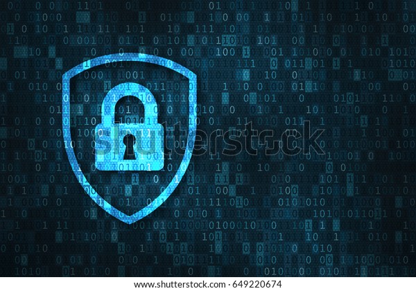 Cyber security and\
data privacy protection concept with icon of a shield and lock over\
binary digits\
background