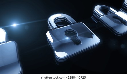 Cyber security and digital computer protection with padlock golden metal shine symbol concept. Spectacular glowing and reflection light icon abstract object 3d illustration.
