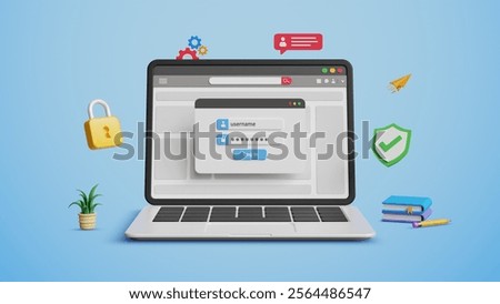 Cyber security, encryption, data protection, secure data privacy. Account login safety. Online authentication concept. User account login page with strong password on a 3D laptop