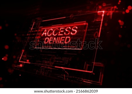 Cyber security or hacker trying to hack server data concept with digital red glowing access denied sign in virtual glowing frame on abstract background. 3D rendering
