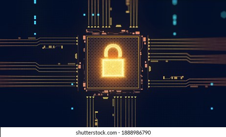 Cyber Security Illustration. Digital Information Protection. Data Processing. Microchip, Circuit Concept. Lock Icon. Digitalization, Computer Technology, Artificial Intelligence (AI). 3D Render