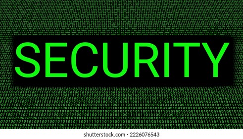 Cyber security illustration with one and zero in green and a black background. The word #Security is written in big letters.