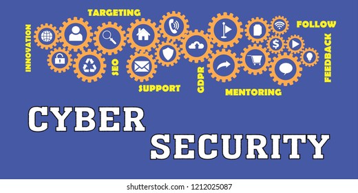 Cyber Security Panoramic Banner Gears Icons Stock Illustration 