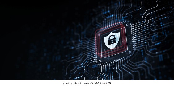 Cyber Security Protecting Systems and Data from Digital Threats Illustrated on a Processor Touched by a Human Hand.